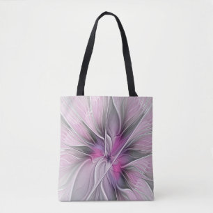 Floral Fractal Modern Abstract Flower Pink Grey Tote Bag