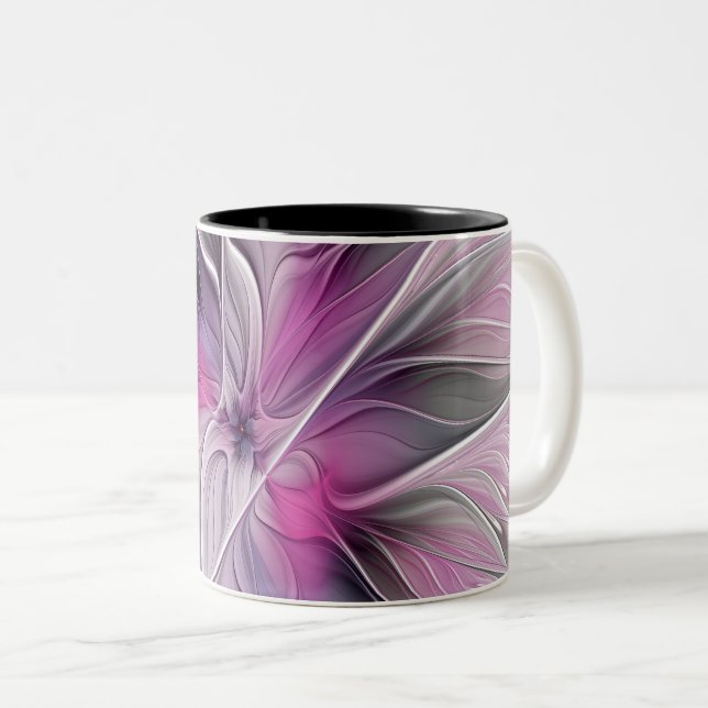 Floral Fractal Modern Abstract Flower Pink Grey Two-Tone Coffee Mug (Front Right)
