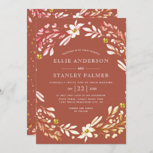 Floral frame and confetti terracotta fall wedding invitation