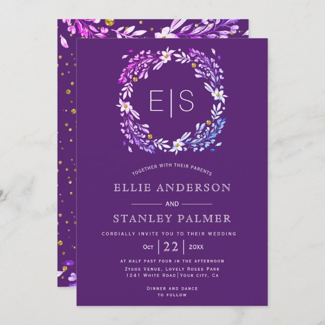 Floral frame and gold confetti purple wedding invitation (Front/Back)