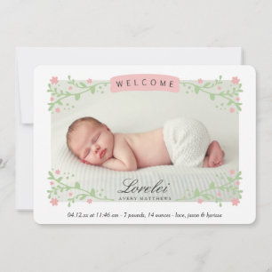 Floral Frame Baby Girl Birth Announcement