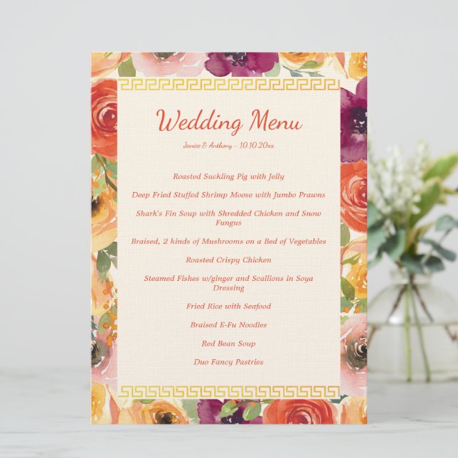 Floral frame beige Chinese wedding banquet Menu (Standing Front)