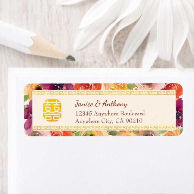 Floral frame beige Chinese wedding return address Label (Insitu)