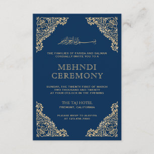 Floral Frame Blue and Gold Islamic Muslim Mehndi Enclosure Card