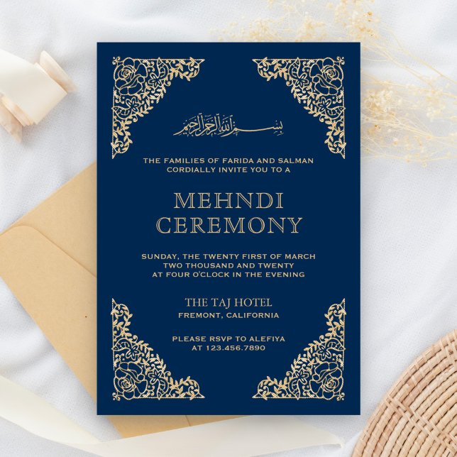 Floral Frame Blue and Gold Islamic Muslim Mehndi Enclosure Card (Creator Uploaded)