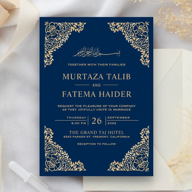Floral Frame Blue and Gold Islamic Muslim Wedding Invitation (Creator Uploaded)