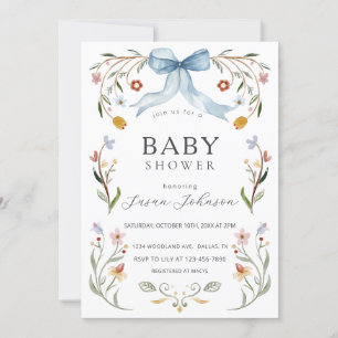 Floral Frame Blue Bow Baby Shower Invitation