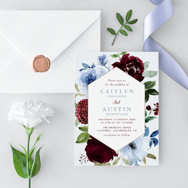 floral frame burgundy & dusty blue wedding invitation (Creator Uploaded)