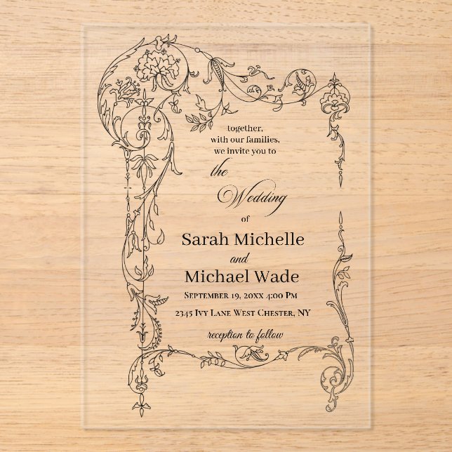 Floral Frame Calligraphy Acryli Wedding Invitation (Front)