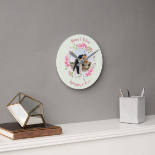 Floral Frame Couples Photo with Personalised Text Round Clock