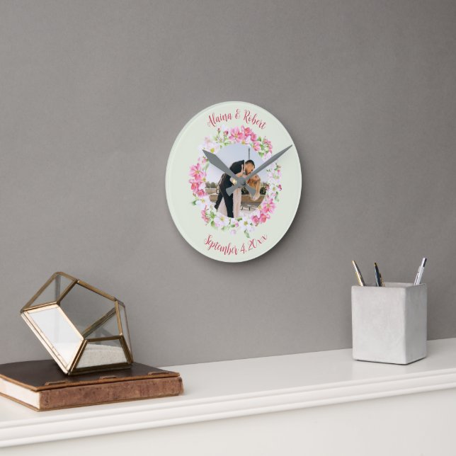 Floral Frame Couples Photo with Personalised Text Round Clock (Office)