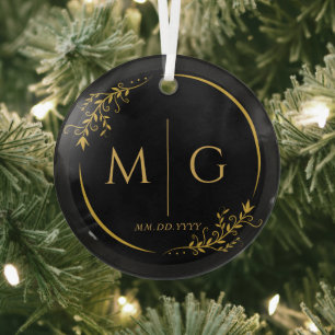 Floral Frame Elegant Personalized Monogram Glass Tree Decoration