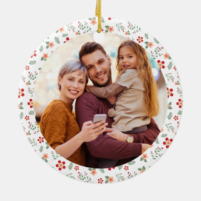 Floral Frame Family Photo Christmas Ceramic Ornament (Back)