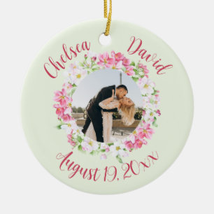 Floral Frame Favourite Photo with Personalised Tex Ceramic Ornament