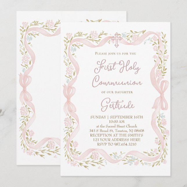 floral frame First Holy Communion Invitation (Front/Back)