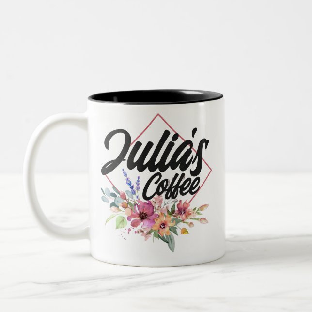 Floral frame flourish flowers name costumisable Two-Tone coffee mug (Left)