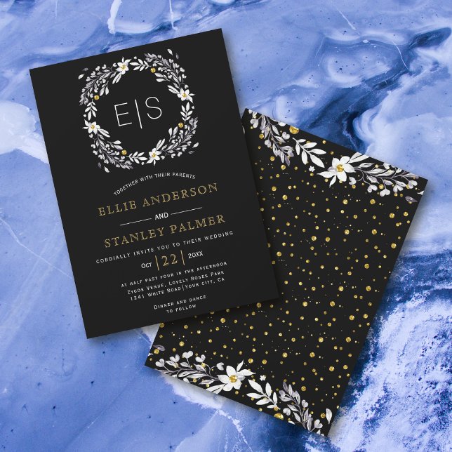 Floral frame gold confetti black white wedding invitation (Creator Uploaded)