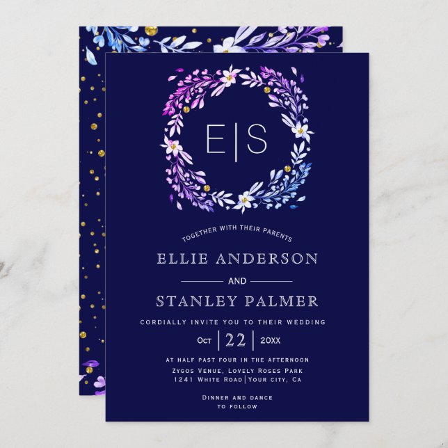 Floral frame gold confetti navy blue wedding invitation (Front/Back)