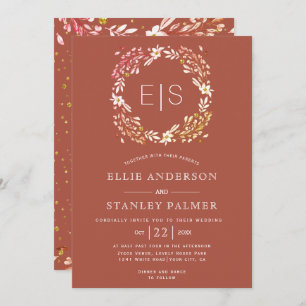 Floral frame gold confetti terracotta fall wedding invitation