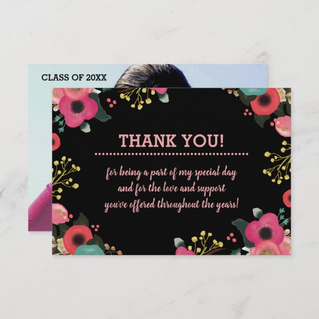 Floral Frame Graduation Thank You Photo Card (Front/Back)