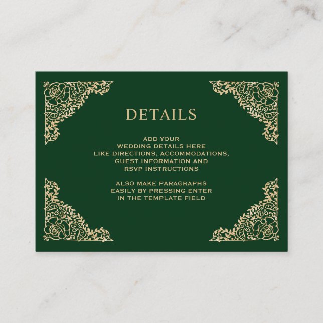 Floral Frame Green and Gold Wedding Details Enclosure Card (Front)