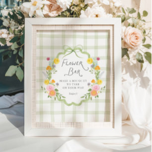 Floral Frame Green Gingham Baby Shower Flower Bar Poster