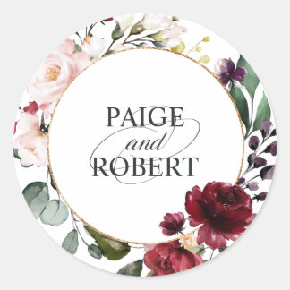 Floral Frame in Burgundy and Gold Classic Round Sticker