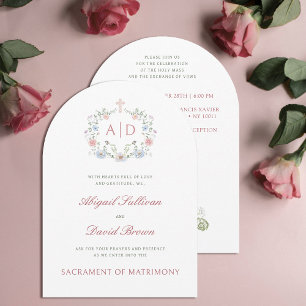 Floral Frame Monograms Catholic Wedding Invitation