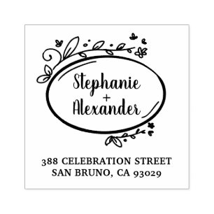 Floral Frame Names Script & Wedding Return Address Rubber Stamp