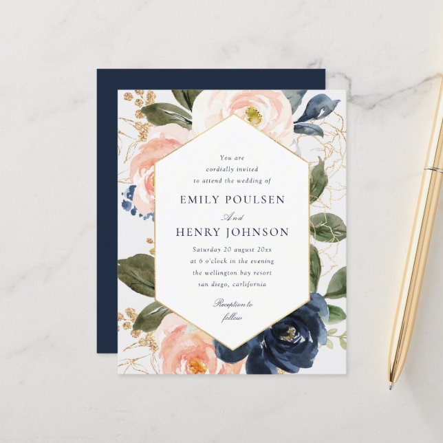 Floral frame navy and blush watercolor wedding (Front/Back In Situ)