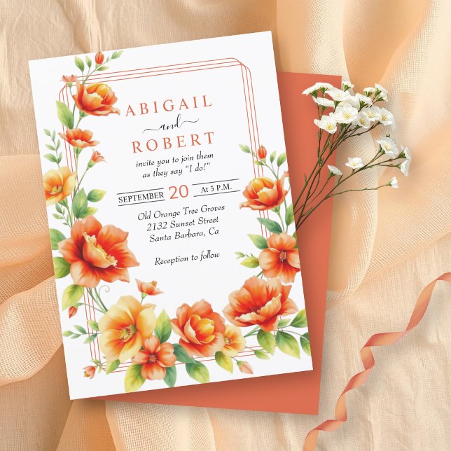 Floral frame orange flowers, triple border wedding invitation (Creator Uploaded)