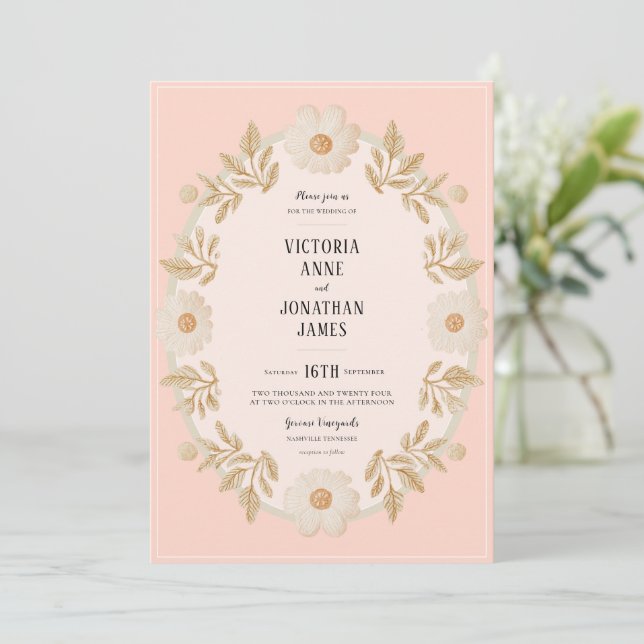 Floral Frame Peach Photo Wedding Invitation (Standing Front)