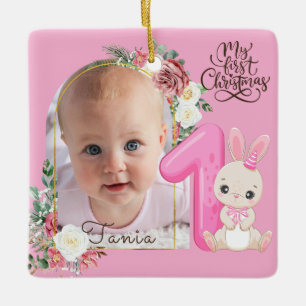 Floral Frame Pink Baby girl First christmas Ceramic Ornament