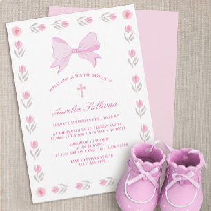Floral Frame Pink Bow Baptism Invitation