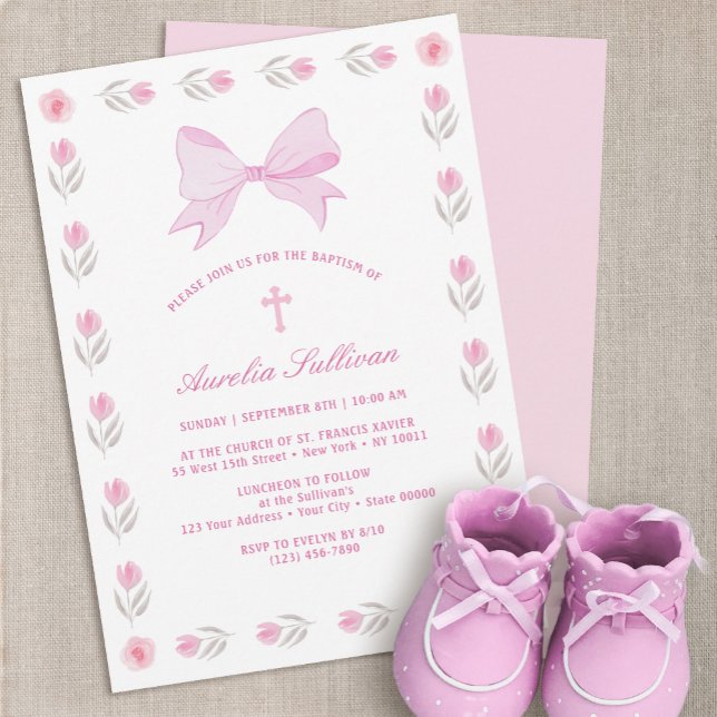 Floral Frame Pink Bow Baptism Invitation (Creator Uploaded)