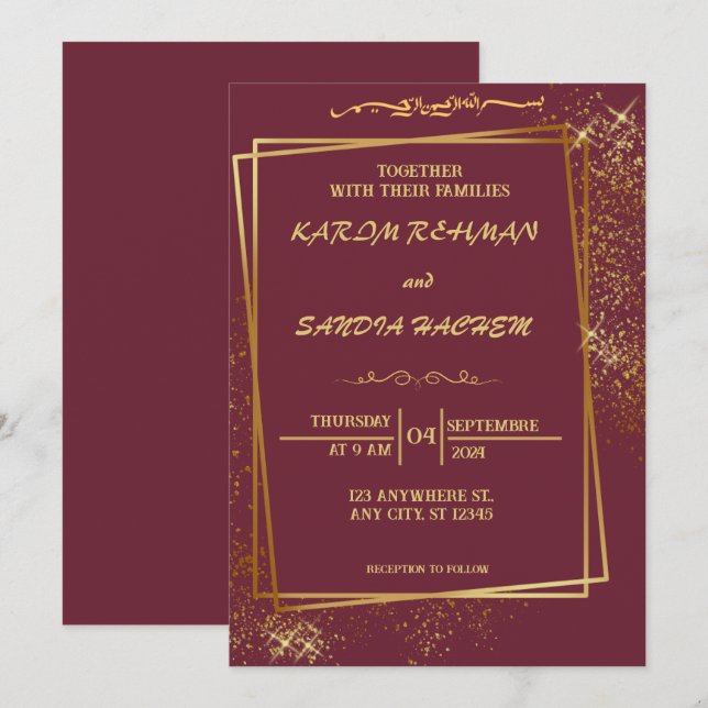 Floral Frame Plum and Gold Islamic Muslim Wedding  Invitation (Front/Back)