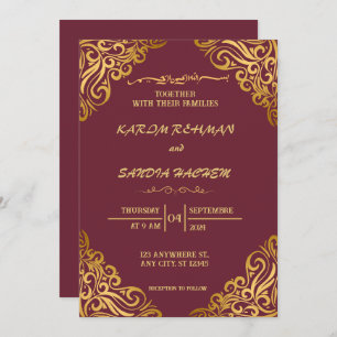 Floral Frame Plum and Gold Islamic Muslim Wedding Invitation