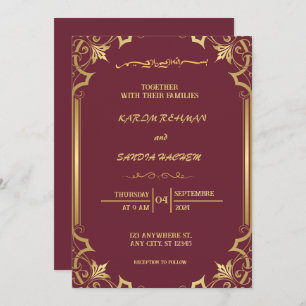 Floral Frame Plum and Gold Islamic Muslim Wedding Invitation