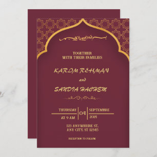 Floral Frame Plum and Gold Islamic Muslim Wedding Invitation