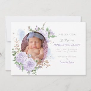 Floral frame Purple Girl Photo Birth Announcement