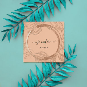 Floral Frame QR Code Logo Brown Gold Peach Salmon  Square Business Card