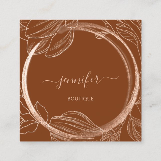 Floral Frame QR Code Logo Brown Rose Gold Copper Square Business Card (Front)
