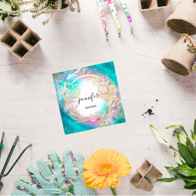 Floral Frame QR Code Logo Gold Blue Pink Square Business Card (Floral Frame QR Code Logo Gold Blue Pink Square Business Card)