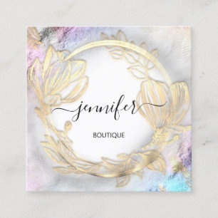 Floral Frame QR Code Logo Gold Gray Abstract  Square Business Card