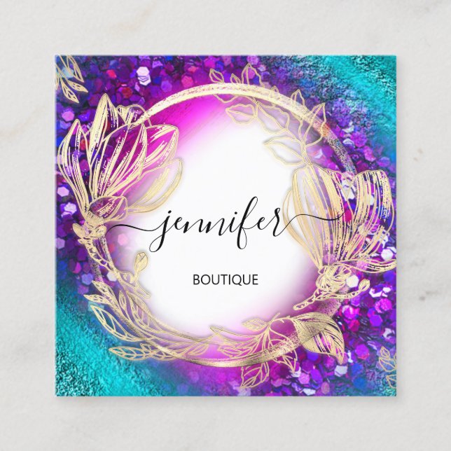 Floral Frame QR Code Logo Gold Green Blue Confetti Square Business Card (Front)