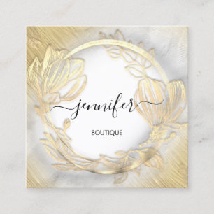 Floral Frame QR Code Logo Gold Grey Shop Beauty Square Business Card