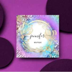 Floral Frame QR Code Logo Gold Pink Square Business Card