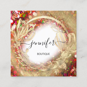 Floral Frame QR Code Logo Gold Red Confetti Square Business Card