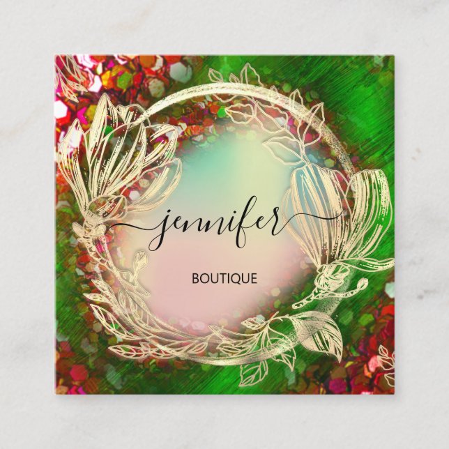 Floral Frame QR Code Logo Gold Red Holographic Square Business Card (Front)