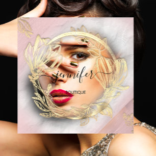 Floral Frame QR Code Logo Gold Rose Shop Beauty   Square Business Card